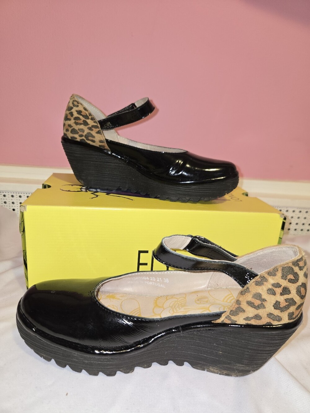 Fly London Black Patent Wedge Mary Jane with Leopard Back - Picture 2 of 6